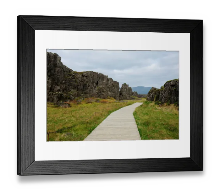 Framed Print : Thingvellir National Park, Iceland. Wooden boardwalk thorough then landscape in Thingvellir National Park