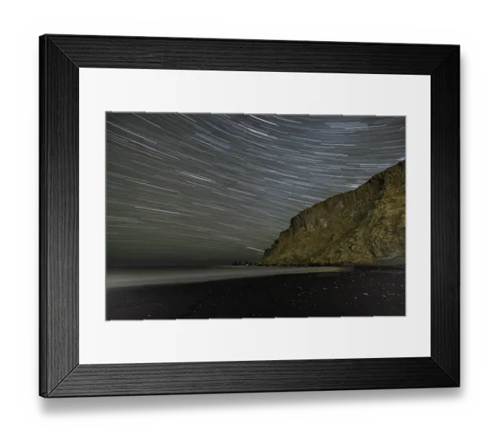Framed Print : Iceland, Vik. Myrdal. Star trails above Reynisfjara black sand beach at night