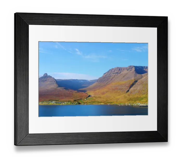 Framed Print : Iceland. Landscape in fjord Alftafjordur and village Sudavik during autumn Framed Print : Iceland. Landscape in fjord Alftafjordur and village Sudavik during autumn