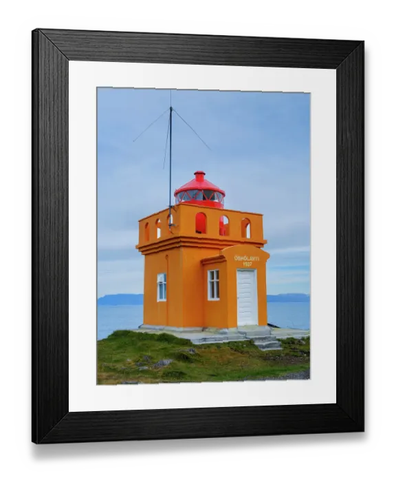 Framed Print : Iceland. Lighthouse Osholar, Bolungarvik at fjord Isafjardardjup during autumn. (Editorial Use Only)