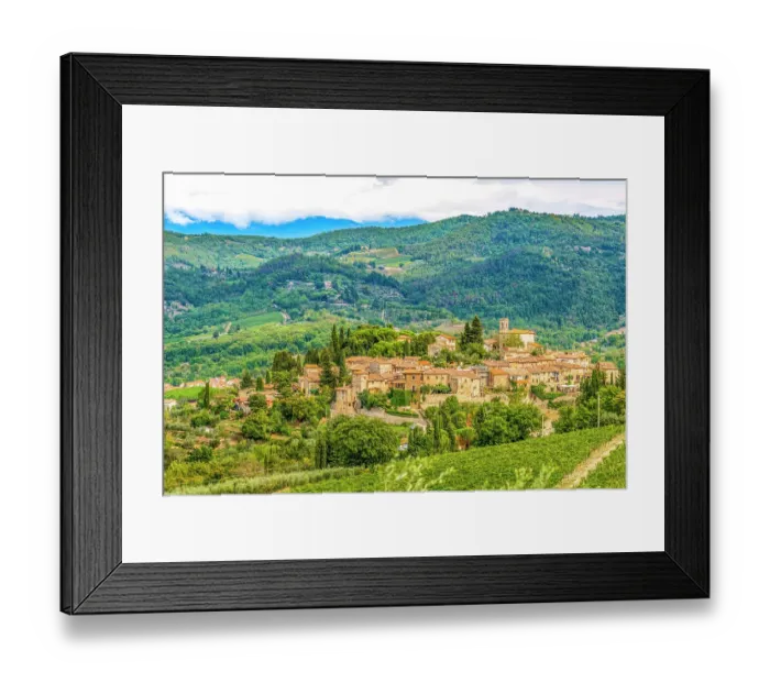 Framed Print : Greve in Chianti, Tuscany, Italy. Landscape view of little mountain village set among vineyards and trees Framed Print : Greve in Chianti, Tuscany, Italy. Landscape view of little mountain village set among vineyards and trees