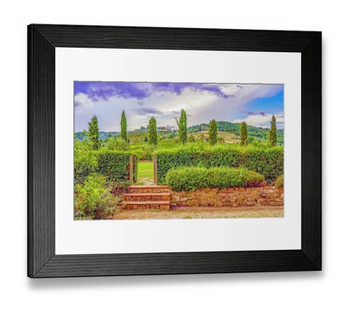 Framed Print : Greve in Chianti, Tuscany, Italy. Landscape view from a vineyard farm towards the hills