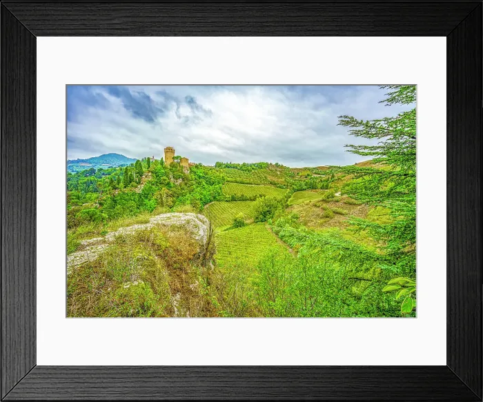 Framed Print : La Torre, Brisighella, Italy. Wide angle landscape view of the Tower of La Rocca on the hill overlooking the 14th century town Framed Print : La Torre, Brisighella, Italy. Wide angle landscape view of the Tower of La Rocca on the hill overlooking the 14th century town