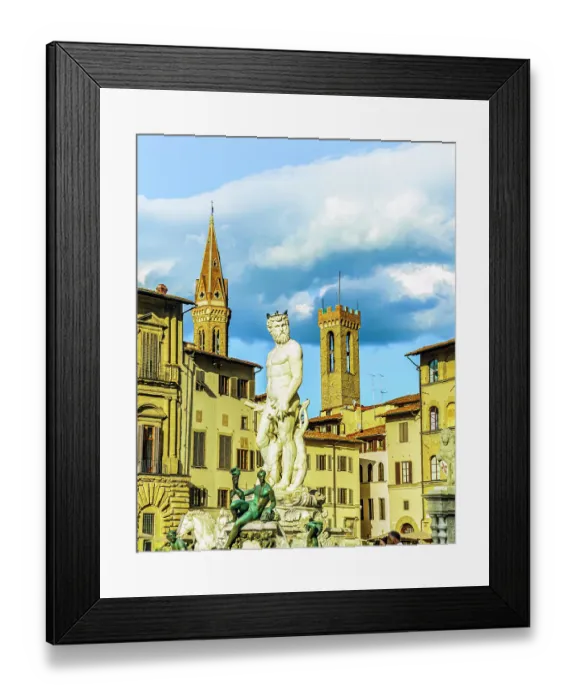 Framed Print : Fountain of Neptune, Florence, Italy. Wide angle view of statues commissioned in 1559 to celebrate the marriage of Francesco de Medici to Grand Duchess Joanna of Austria