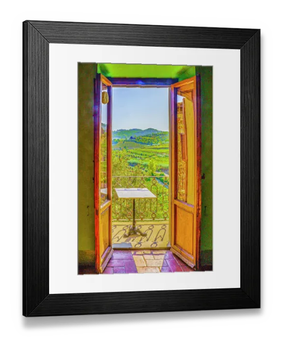 Framed Print : Greve in Chianti, Tuscany, Italy. Landscape view through doorway with vineyards and cypress trees surrounding small town. (Editorial Use Only)