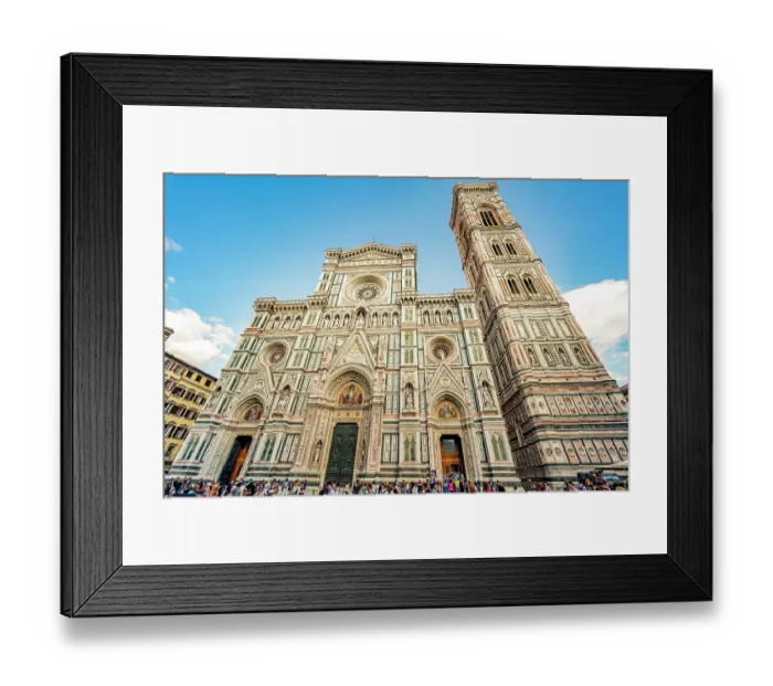 Framed Print : Florence Cathedral, Florence, Tuscany, Italy. Wide angle view of Neo-Gothic modern 19th Century facade of gothic cathedral begun in 1296 Framed Print : Florence Cathedral, Florence, Tuscany, Italy. Wide angle view of Neo-Gothic modern 19th Century facade of gothic cathedral begun in 1296