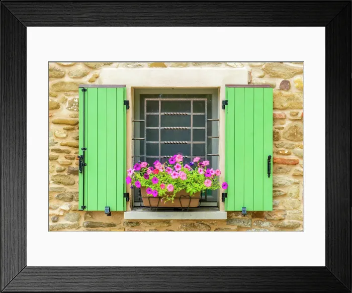 Framed Print : Brisighella, Emilia Romagna, Italy. Portrait of a colorful flower basket in a shuttered window of an old stone house