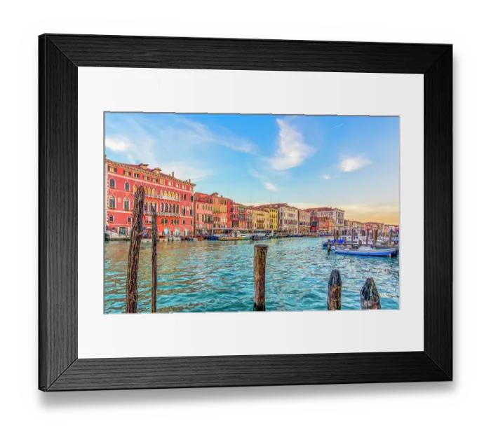 Framed Print : Grand Canal, Venice, Italy. Wide angle landscape view of the colorful, medieval buildings lining the canal at sunrise