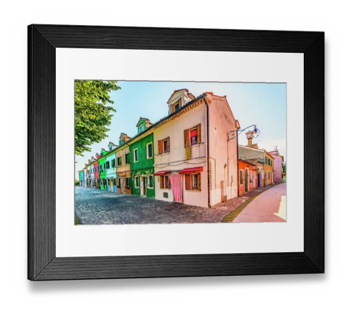 Framed Print : Burano, Lagoon of Venice, Italy. Wide angle landscape view of town's colorful houses on this small island in lagoon Framed Print : Burano, Lagoon of Venice, Italy. Wide angle landscape view of town's colorful houses on this small island in lagoon