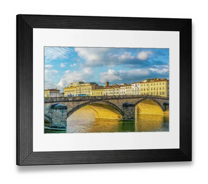 Framed Print : Ponte alle Grazie, Florence, Italy. Landscape view at sunset of modern bridge rebuilt in 1953 after its destruction in WWII
