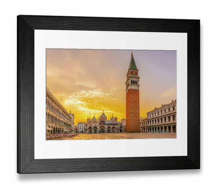 Framed Print : St. Marks Square, Venice, Italy. Wide angle view at sunrise of St. Mark's Campanile, the bell tower of St. Mark's Basilica in the famous square Framed Print : St. Marks Square, Venice, Italy. Wide angle view at sunrise of St. Mark's Campanile, the bell tower of St. Mark's Basilica in the famous square