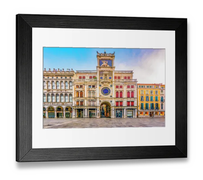 Framed Print : Torre dell'Orologio, St. Marks Clock Tower, Venice, Italy. Wide angle portrait of famous clock tower built in 1493, displays time, moon phase and sign of the Zodiac