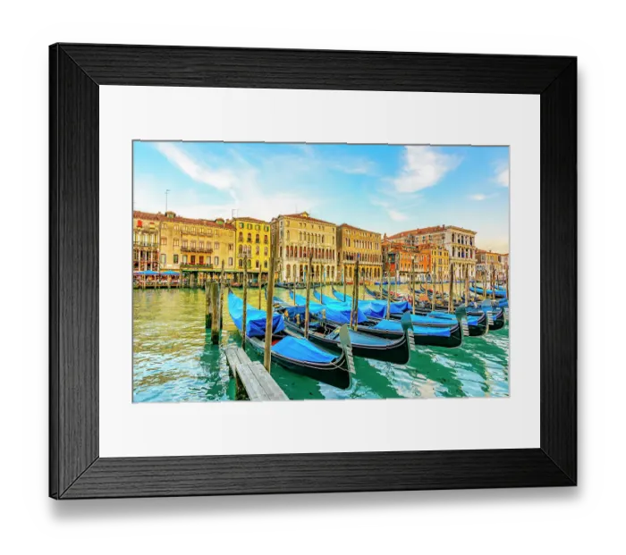 Framed Print : Grand Canal, Venice, Italy. Wide angle landscape view of medieval buildings and gondolas lining the canal at sunrise Framed Print : Grand Canal, Venice, Italy. Wide angle landscape view of medieval buildings and gondolas lining the canal at sunrise
