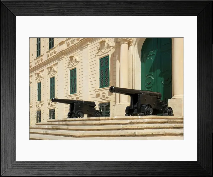 Framed Print : Valetta, Malta. Government building with ancient canons lined up in front of the entry