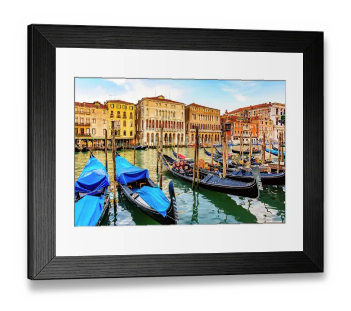 Framed Print : Grand Canal, Venice, Italy. Wide angle landscape view of medieval buildings and boats lining the canal at sunrise Framed Print : Grand Canal, Venice, Italy. Wide angle landscape view of medieval buildings and boats lining the canal at sunrise
