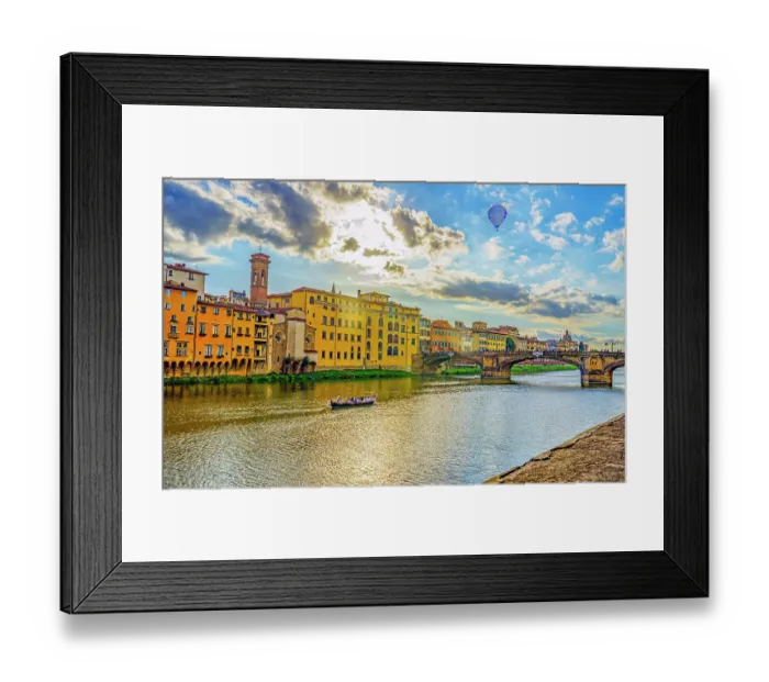 Framed Print : Ponte alle Grazie, Florence, Italy. Wide angle landscape view at sunset of modern bridge rebuilt in 1953 Framed Print : Ponte alle Grazie, Florence, Italy. Wide angle landscape view at sunset of modern bridge rebuilt in 1953