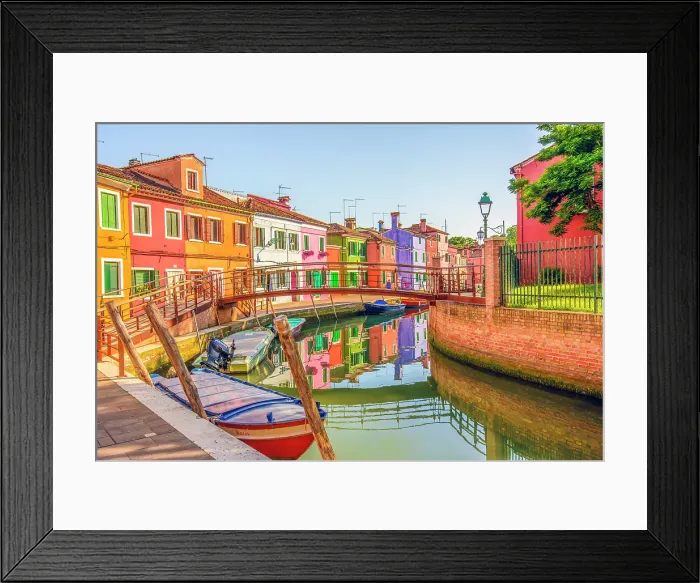 Framed Print : Burano, Lagoon of Venice, Italy. Wide angle canal view of colorful houses and boats in town on this small island in lagoon Framed Print : Burano, Lagoon of Venice, Italy. Wide angle canal view of colorful houses and boats in town on this small island in lagoon