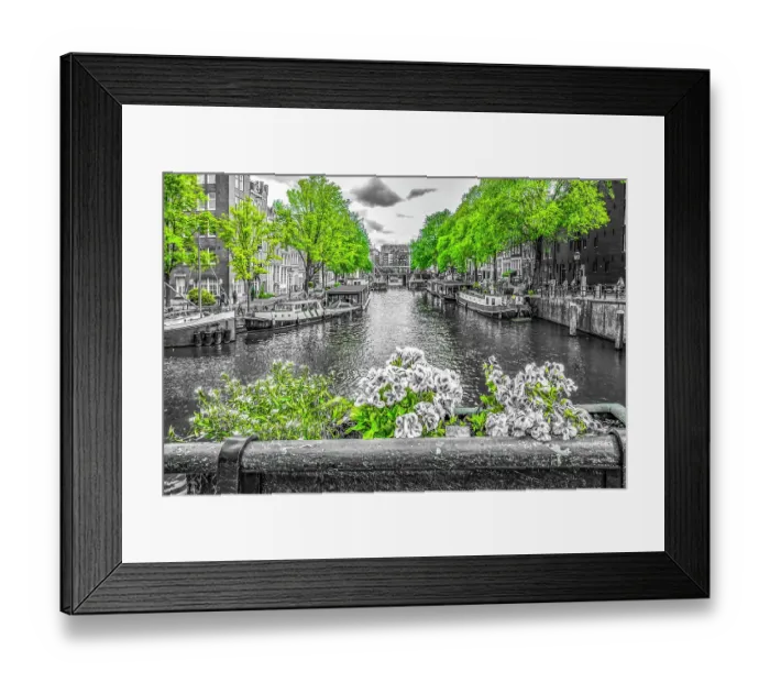 Framed Print : Amsterdam, Netherlands. Colorized black and white view of Amsterdam's scenic canals Framed Print : Amsterdam, Netherlands. Colorized black and white view of Amsterdam's scenic canals