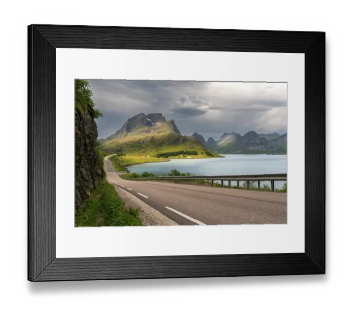 Framed Print : Norway, Lofoten. Road next to fjord and mountain landscape. ©Don Grall  /  Jaynes Gallery  /  DanitaDelimont.com