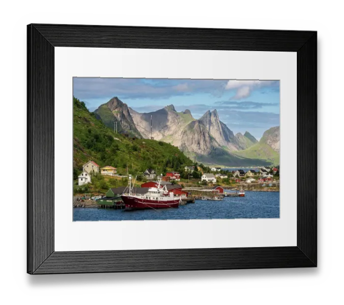 Framed Print : Norway, Reine. Fishing village houses and boats with mountain landscape. ©Don Grall  /  Jaynes Gallery  /  DanitaDelimont.com
