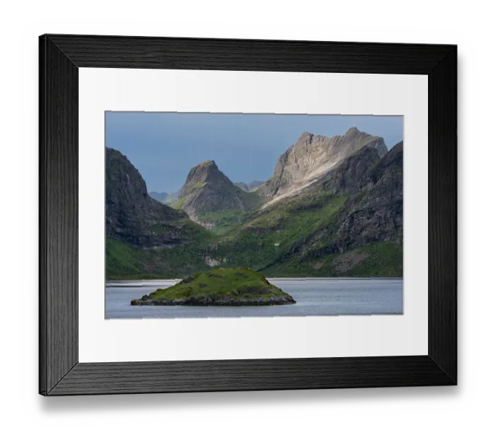 Framed Print : Norway, Lofoten. Island in fjord and mountain landscape. ©Don Grall  /  Jaynes Gallery  /  DanitaDelimont.com