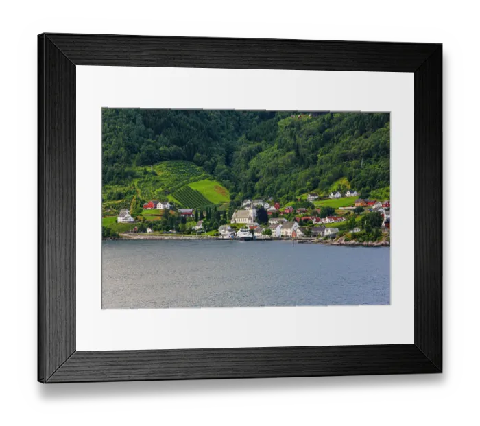 Framed Print : Norway, Norwegian Fjords. Seaside village, church, red barns Framed Print : Norway, Norwegian Fjords. Seaside village, church, red barns