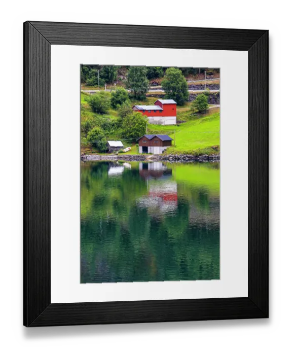 Framed Print : Norway, Norwegian Fjords. European village, red and brown barns