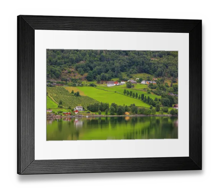 Framed Print : Norway, Norwegian Fjords, red barns, green countryside