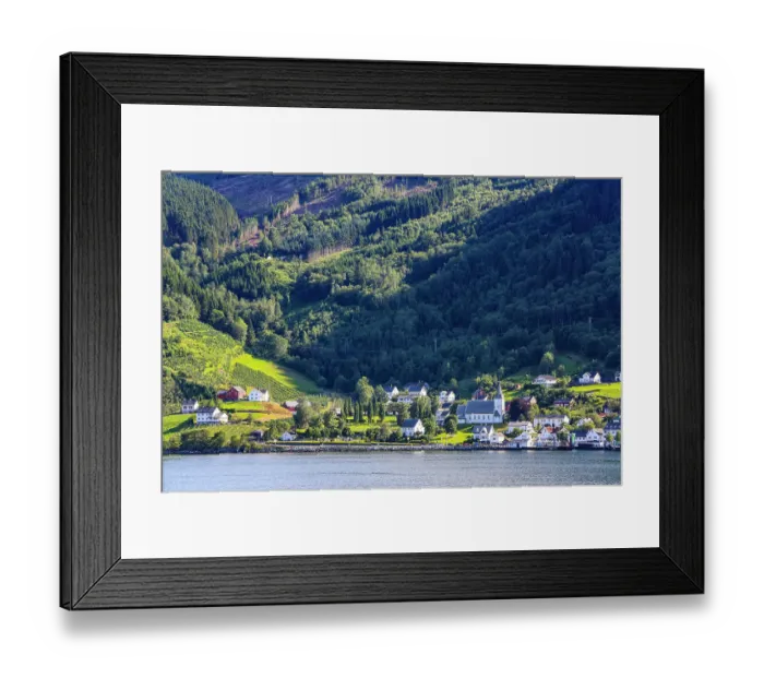 Framed Print : Norway. Norwegian Fjords, scenic villages with a church, red barns and white houses Framed Print : Norway. Norwegian Fjords, scenic villages with a church, red barns and white houses