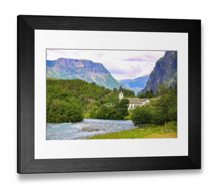 Framed Print : Skjolden, Norway. Sognefjord, white steeple church in village Framed Print : Skjolden, Norway. Sognefjord, white steeple church in village