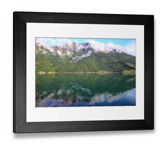 Framed Print : Skjolden Norway. Norwegian Fjords, fog, water reflection, fog, blue sky