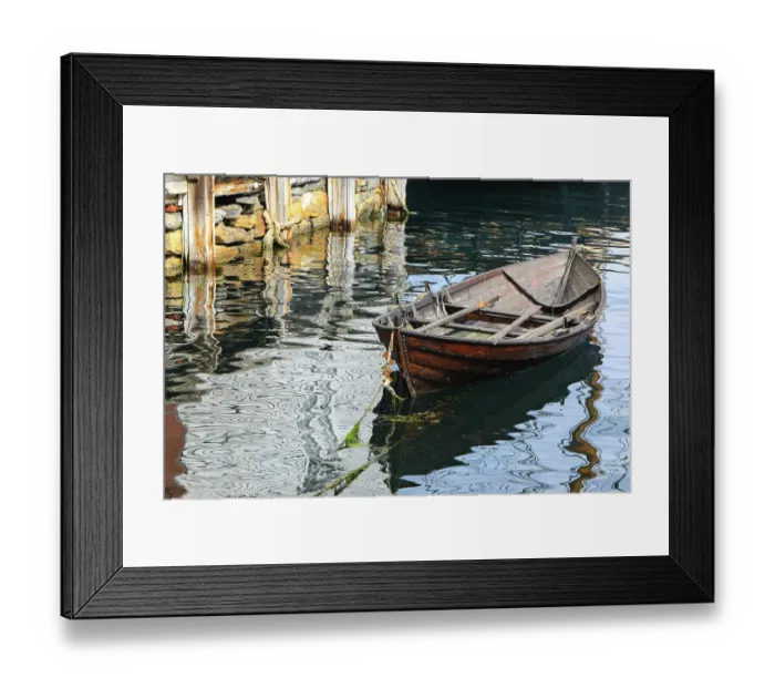 Framed Print : Alesund, Norway. Brown wooden canoe, water reflection Framed Print : Alesund, Norway. Brown wooden canoe, water reflection