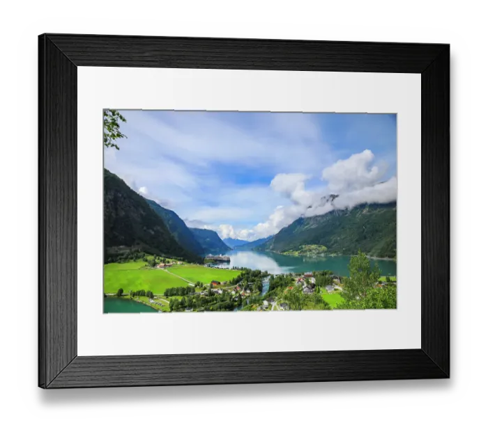 Framed Print : Skjolden, Norway. Aerial view, Fjord, cruise ship, Norwegian village and red barns Framed Print : Skjolden, Norway. Aerial view, Fjord, cruise ship, Norwegian village and red barns