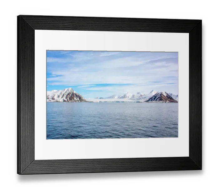 Framed Print : Arctic Ocean, Svalbard Islands, Norway. Wide angle landscape view of icy mountain island and glacier in the ocean water