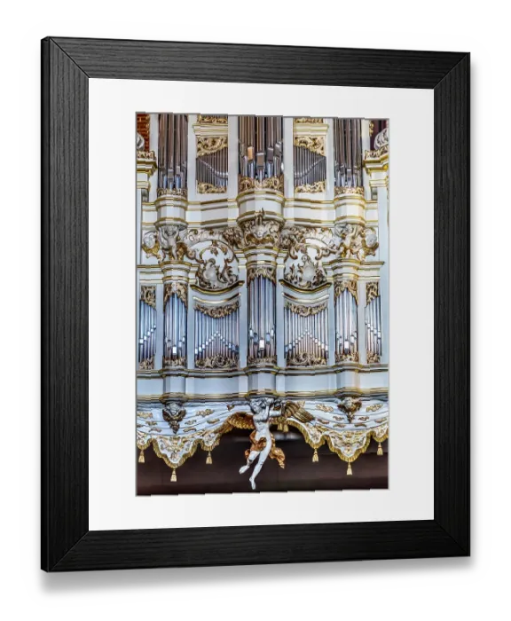 Framed Print : Closeup ornate white Organ St. John's Church, Gdansk, Poland. Church originally from 1300's Framed Print : Closeup ornate white Organ St. John's Church, Gdansk, Poland. Church originally from 1300's