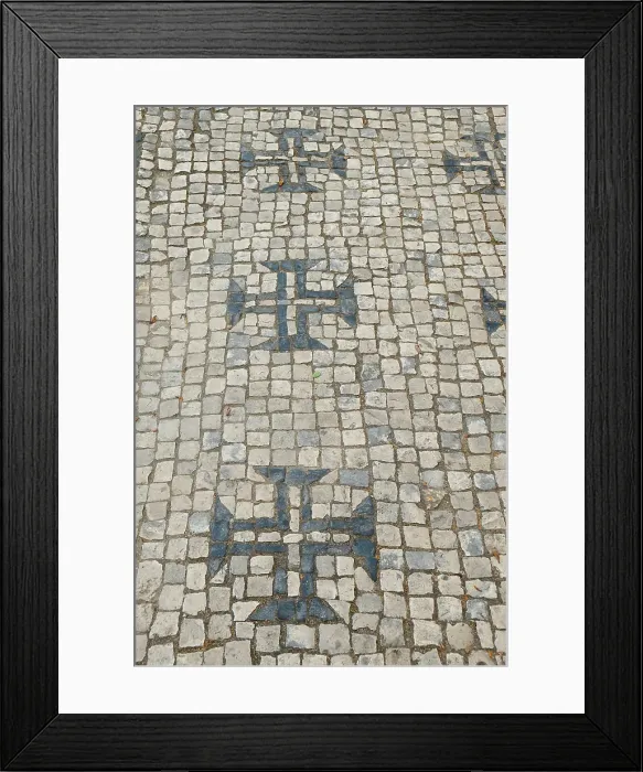 Framed Print : Tomar, Portugal. Traditional cobblestone sidewalk but with Templar crosses Framed Print : Tomar, Portugal. Traditional cobblestone sidewalk but with Templar crosses