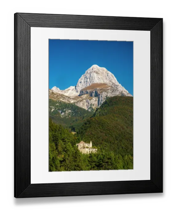 Framed Print : Slovenia, Triglav National Park, Julian Alps. Landscape with Mt. Mangart and castle ruin in forest. ©Cathy & Gordon Illg  /  Jaynes Gallery  /  DanitaDelimont.com