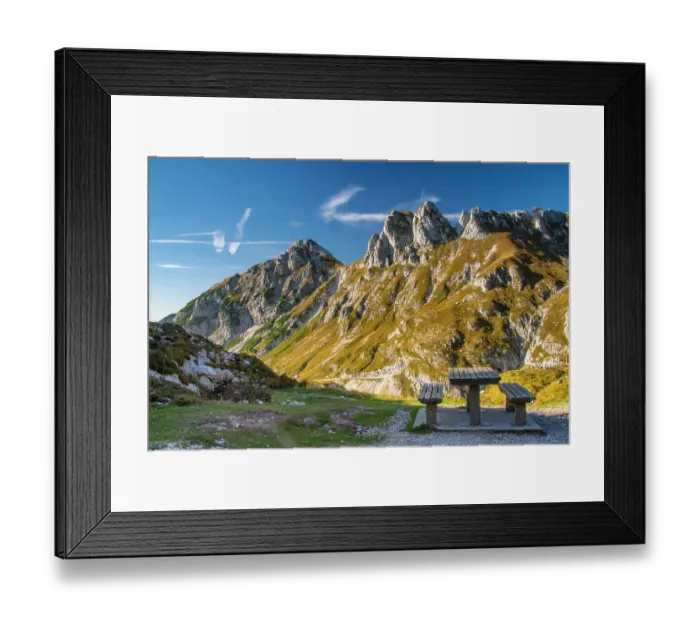 Framed Print : Slovenia, Triglav National Park. Picnic bench with view of Julian Alps. ©Cathy & Gordon Illg  /  Jaynes Gallery  /  DanitaDelimont.com