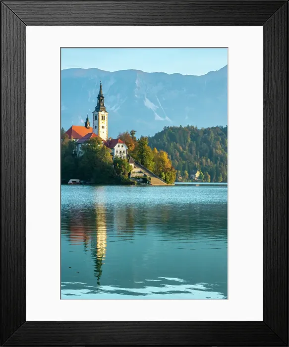 Framed Print : Slovenia, Bled, Lake Bled. Town and island church reflect in lake. ©Cathy & Gordon Illg  /  Jaynes Gallery  /  DanitaDelimont.com