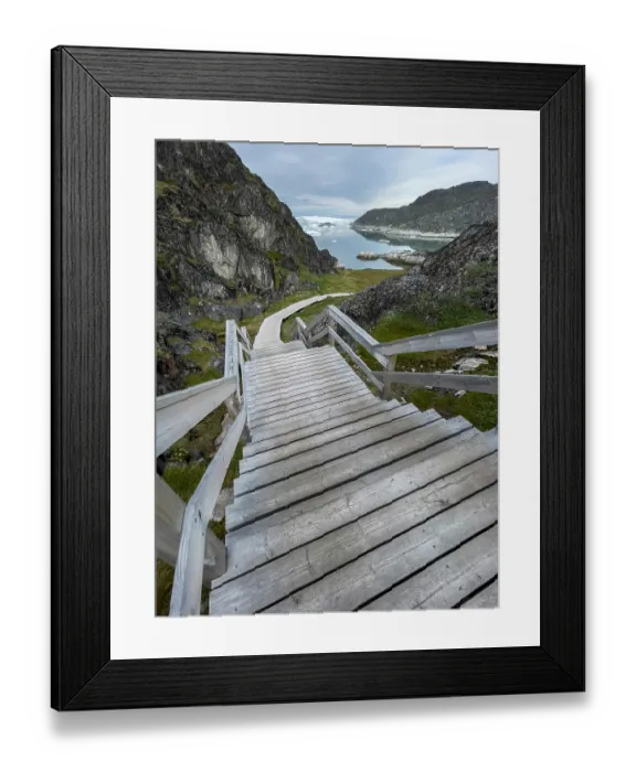 Framed Print : Greenland, Ilulissat, Disko Bay. Wooden walkway leading to Ilulissat Ice Fjord, Sermermiut Trail. UNESCO World Heritage Site