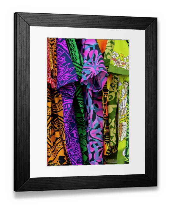 Framed Print : The Kingdom of Tonga, Neiafu. Brightly colored souvenir shirts Framed Print : The Kingdom of Tonga, Neiafu. Brightly colored souvenir shirts