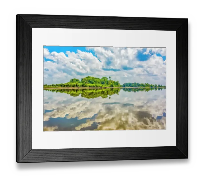 Framed Print : Sepik River, Papua New Guinea. Wide angle landscape view of the dense jungle and sandy banks reflected along the river Framed Print : Sepik River, Papua New Guinea. Wide angle landscape view of the dense jungle and sandy banks reflected along the river