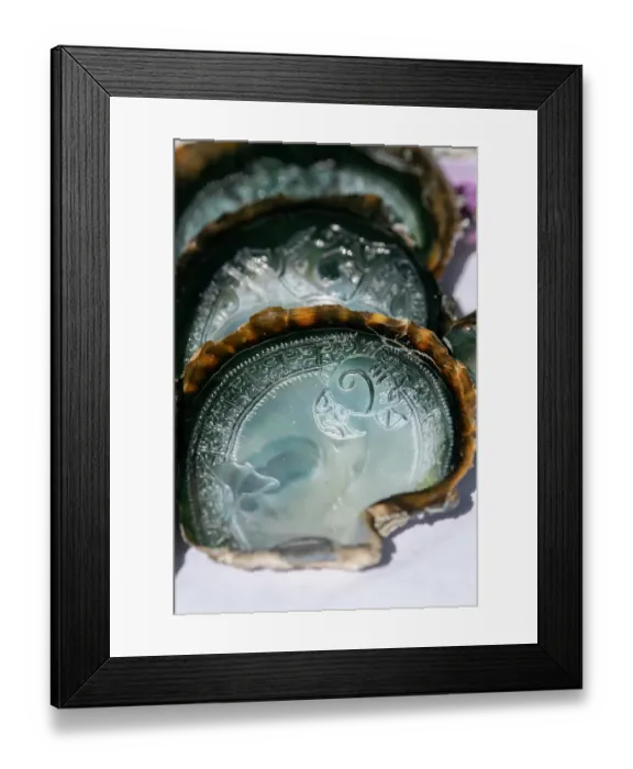 Framed Print : South Pacific, French Polynesia, Gambier Islands, Island of Mangareva, Rikitea. Traditionally carved oyster shell