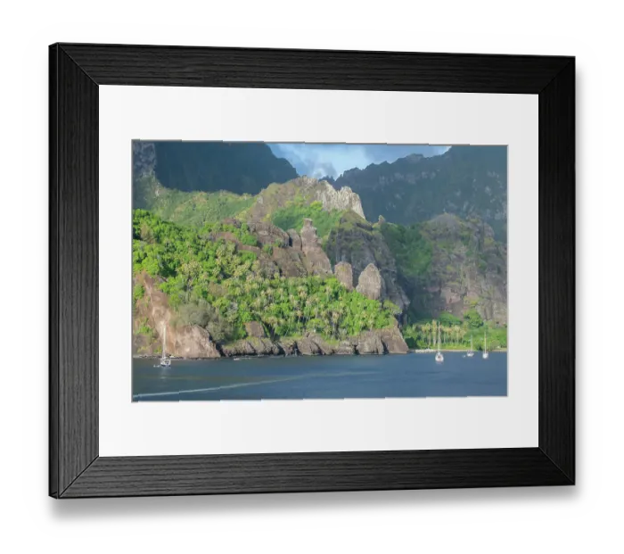 Framed Print : French Polynesia, Marquesas, Hana Vave, Bay of Virgins. Dramatic coastal view of bay with The Virgins rock formation Framed Print : French Polynesia, Marquesas, Hana Vave, Bay of Virgins. Dramatic coastal view of bay with The Virgins rock formation