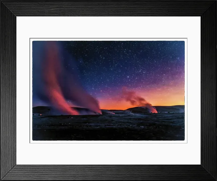 Framed Print : Bolivia. Landscape view of geyser fields in Bolivia's Sol de Manana with Milky Way above Framed Print : Bolivia. Landscape view of geyser fields in Bolivia's Sol de Manana with Milky Way above