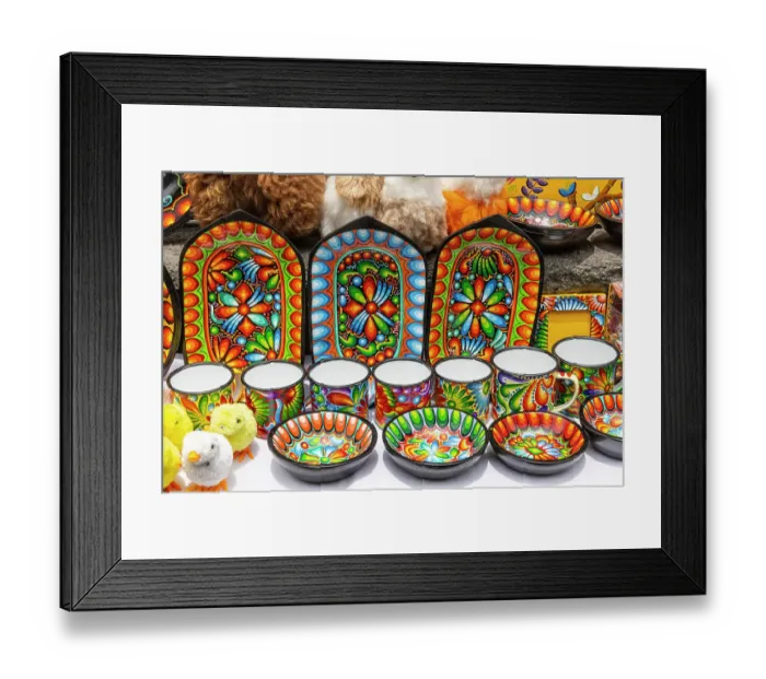 Framed Print : Colorful dishes, and stuffed ducks were on sale on the walls of the Basilica of Quito