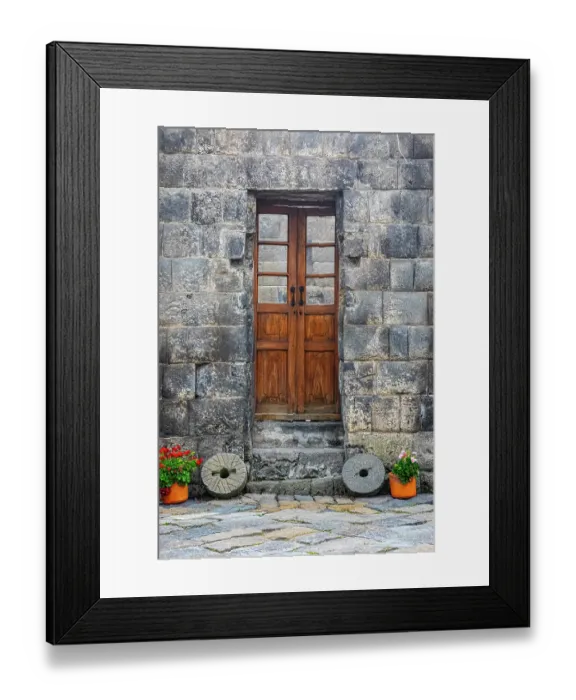 Framed Print : Entrance door inset between stone walls built by the Inca in the 1440's in Ecuador