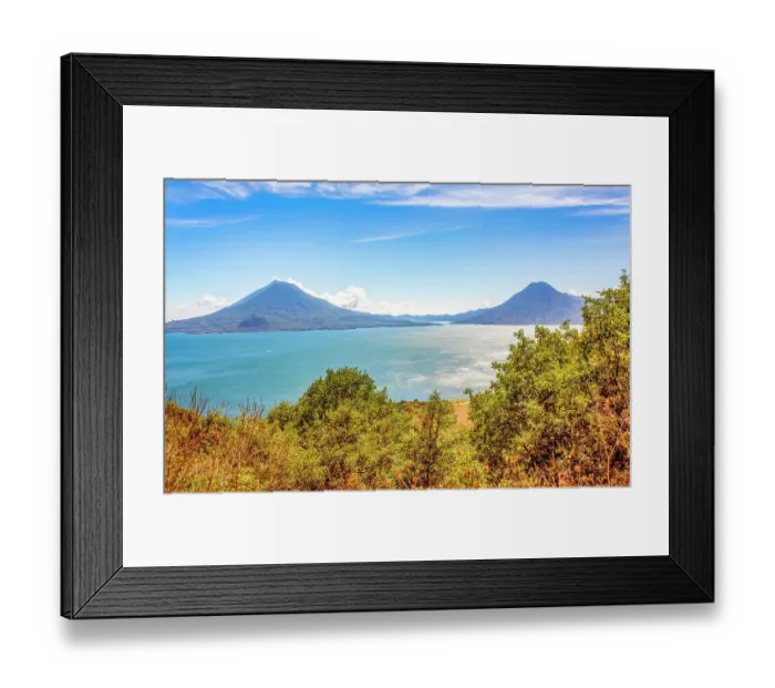 Framed Print : Solola Department, Guatemala. Panoramic view of Lake Atitlan surrounded by three volcanoes, Atitlan, Toliman and San Pedro Framed Print : Solola Department, Guatemala. Panoramic view of Lake Atitlan surrounded by three volcanoes, Atitlan, Toliman and San Pedro