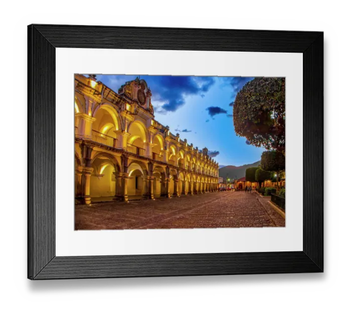 Framed Print : Antigua, Guatemala. Wide angle landscape view of the Captain General Palace on the Central Plaza at sunset Framed Print : Antigua, Guatemala. Wide angle landscape view of the Captain General Palace on the Central Plaza at sunset