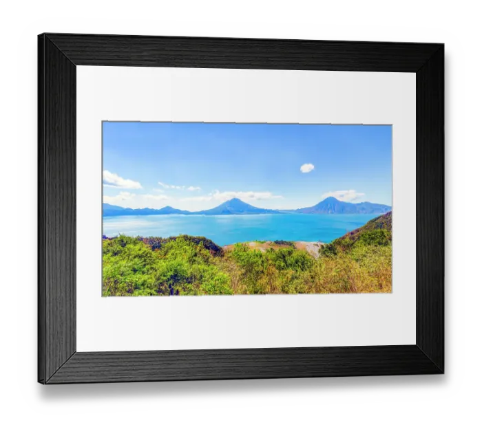 Framed Print : Lake Atitlan, Guatemala. Panorama view of Lake Atitlan, with Volcan Atitlan, Toliman and San Pedro on the shores with Volcan Fuego in the distance on the left Framed Print : Lake Atitlan, Guatemala. Panorama view of Lake Atitlan, with Volcan Atitlan, Toliman and San Pedro on the shores with Volcan Fuego in the distance on the left